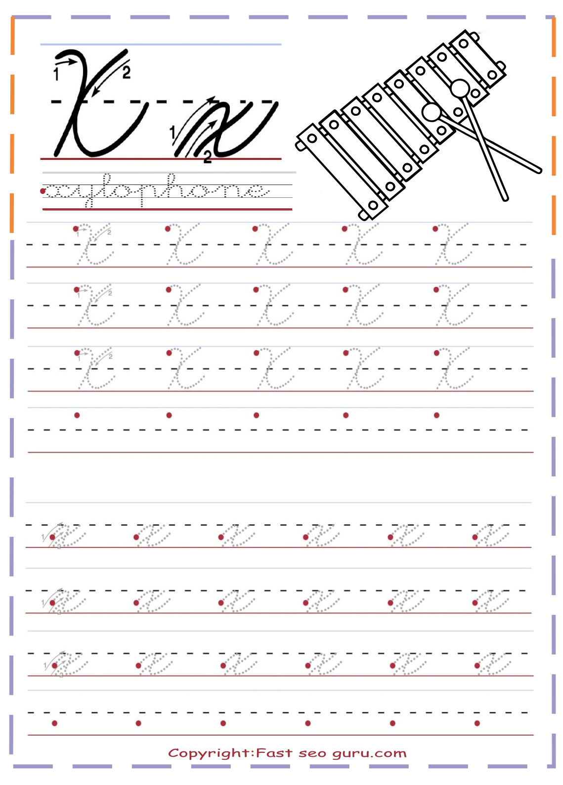 cursive handwriting tracing worksheets letter x for xylophone